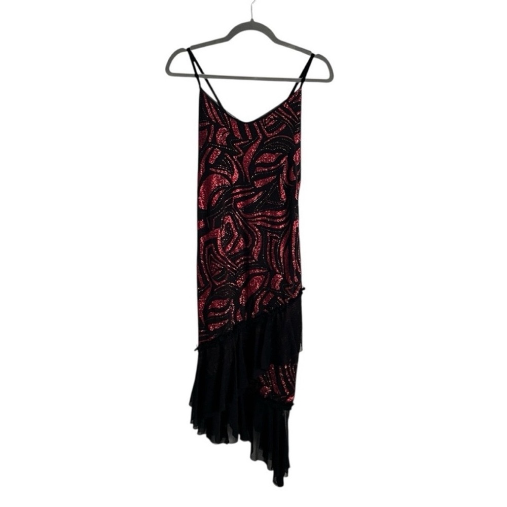 Y2K Black Red Glitter Asymmetrical Dress Ruffle Hem Spaghetti Strap Party Dress - Picture 3 of 14